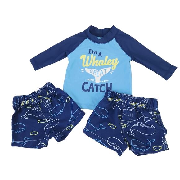 Carters Lot Baby Boy Swim Shorts, Rashguard Size 3 Months Whales, Fish - Picture 1 of 5
